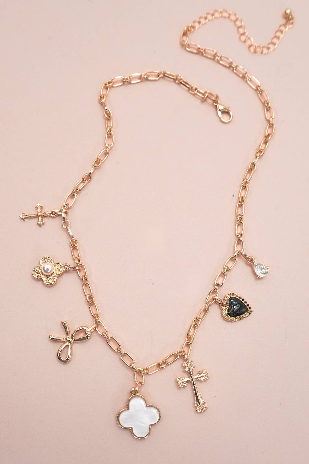 Charm Necklace-Clover Bow Cross Heart Flower