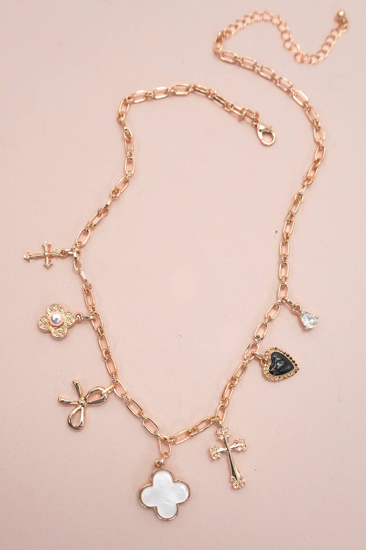 Charm Necklace-Clover Bow Cross Heart Flower