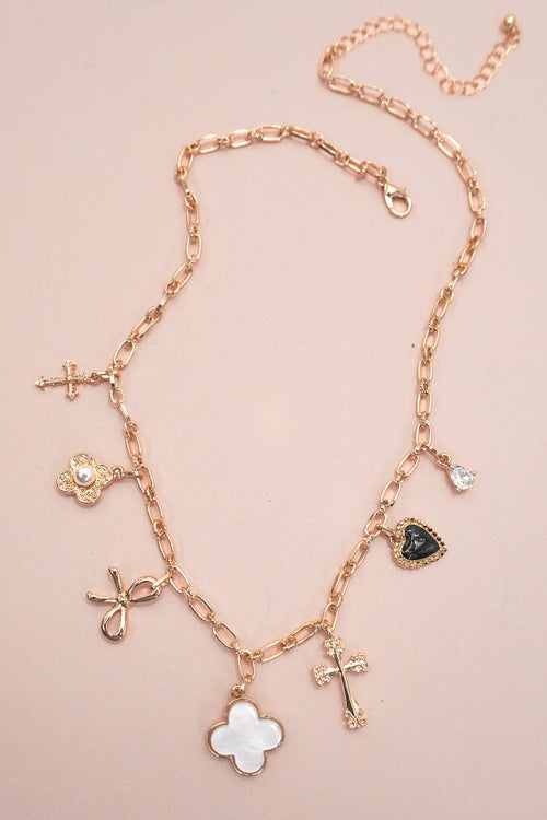 Charm Necklace-Clover Bow Cross Heart Flower