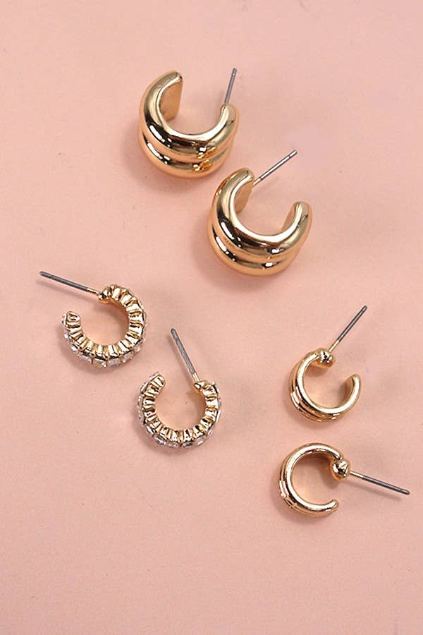 Gold-Plated Baguette Double Hoop Huggie Trio Earrings