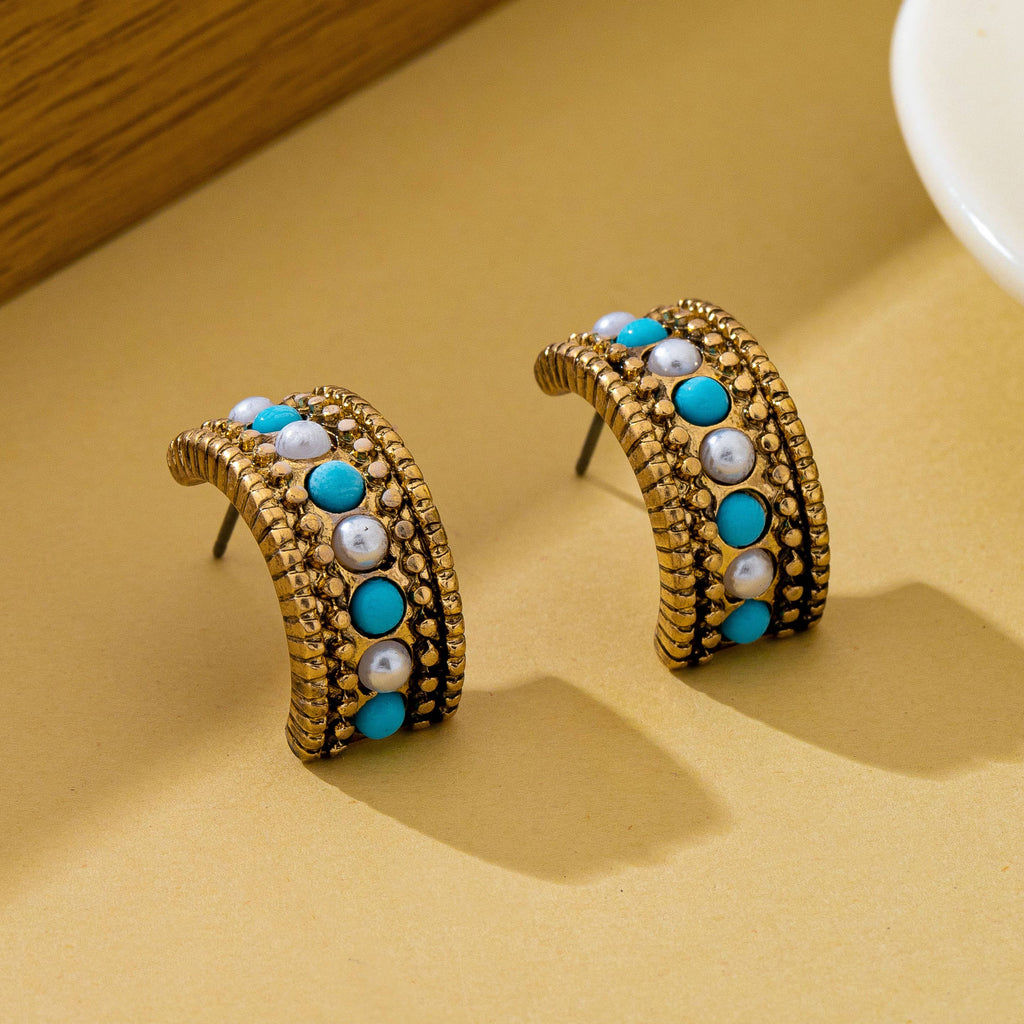 Gold-Plated Turquoise-Tone & Faux Pearl Huggie Hoop Earrings