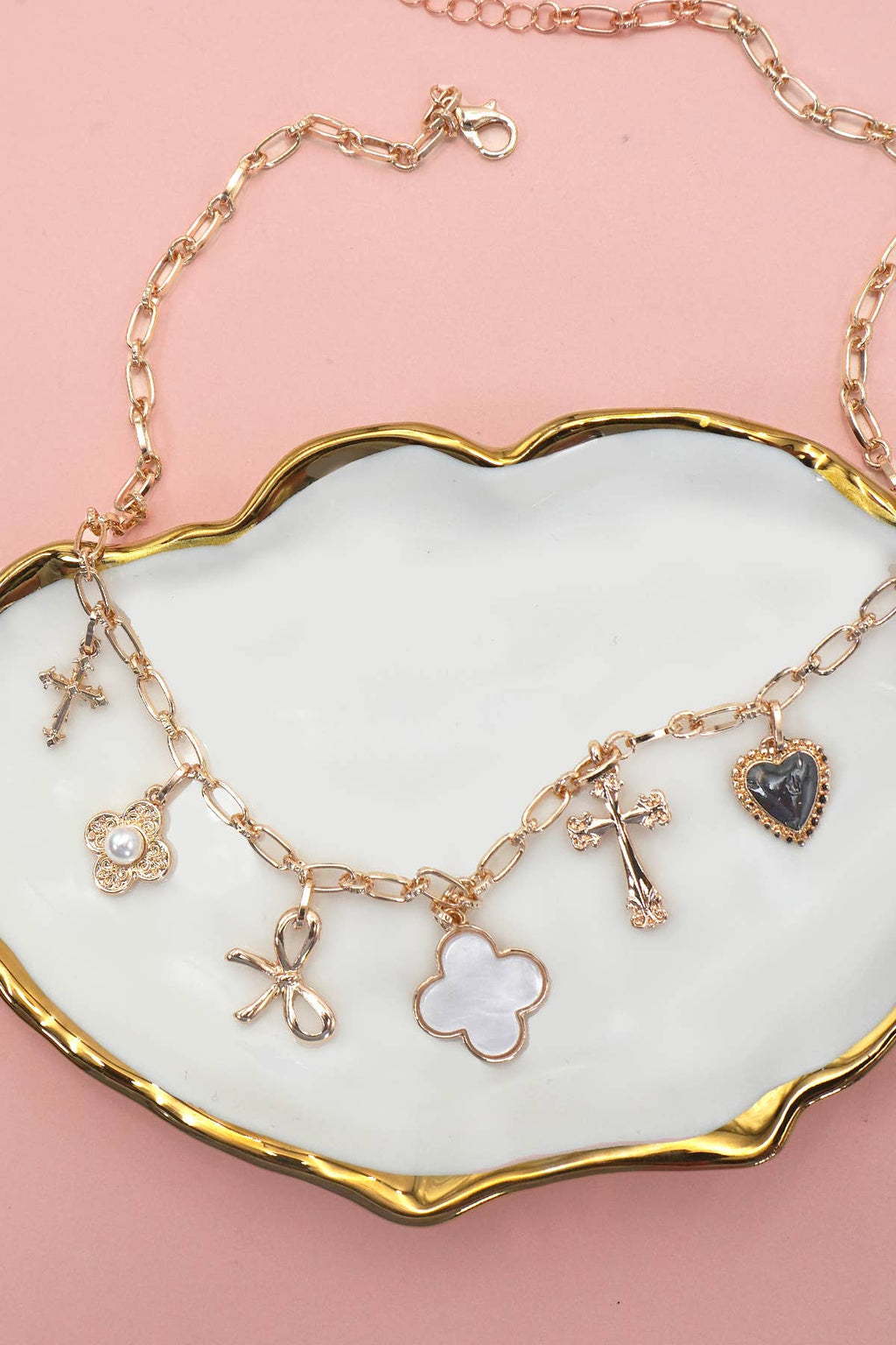 Charm Necklace-Clover Bow Cross Heart Flower