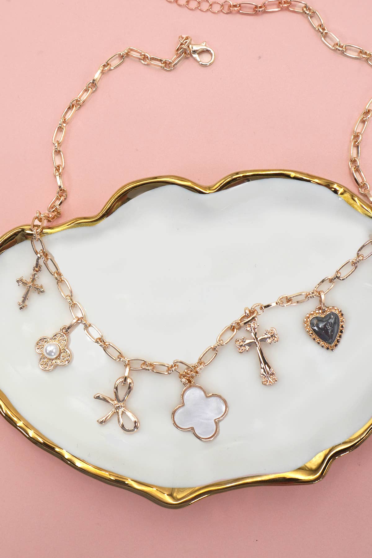 Charm Necklace-Clover Bow Cross Heart Flower