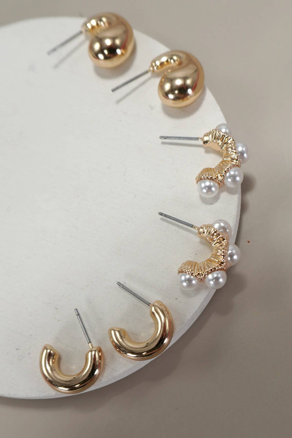 Gold-Plated Pearl Huggie Hoop Earring Trio