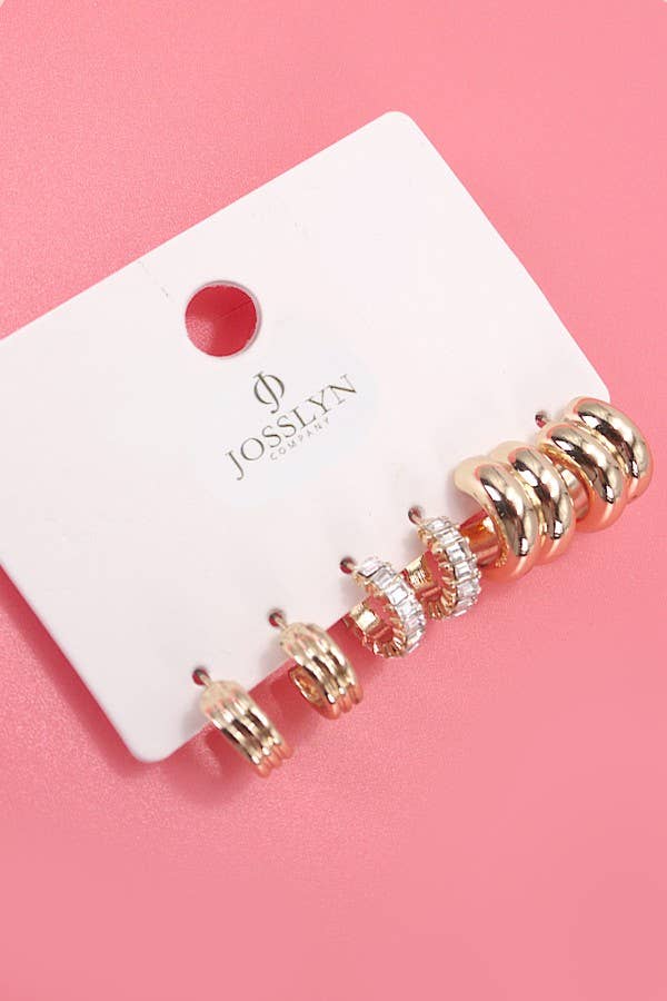 Gold-Plated Baguette Double Hoop Huggie Trio Earrings