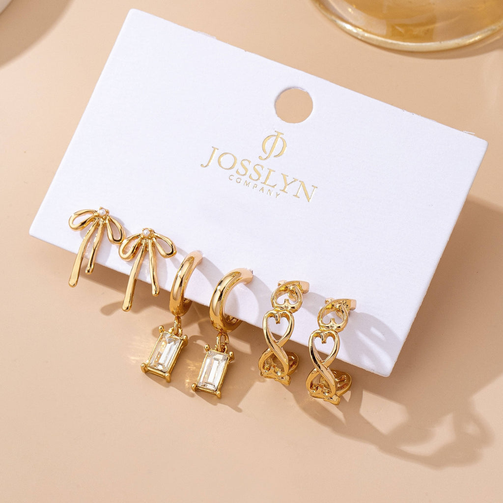 Baguette Stone Hoop, Bow Trio Earring Set- Gold - Copper & Linen