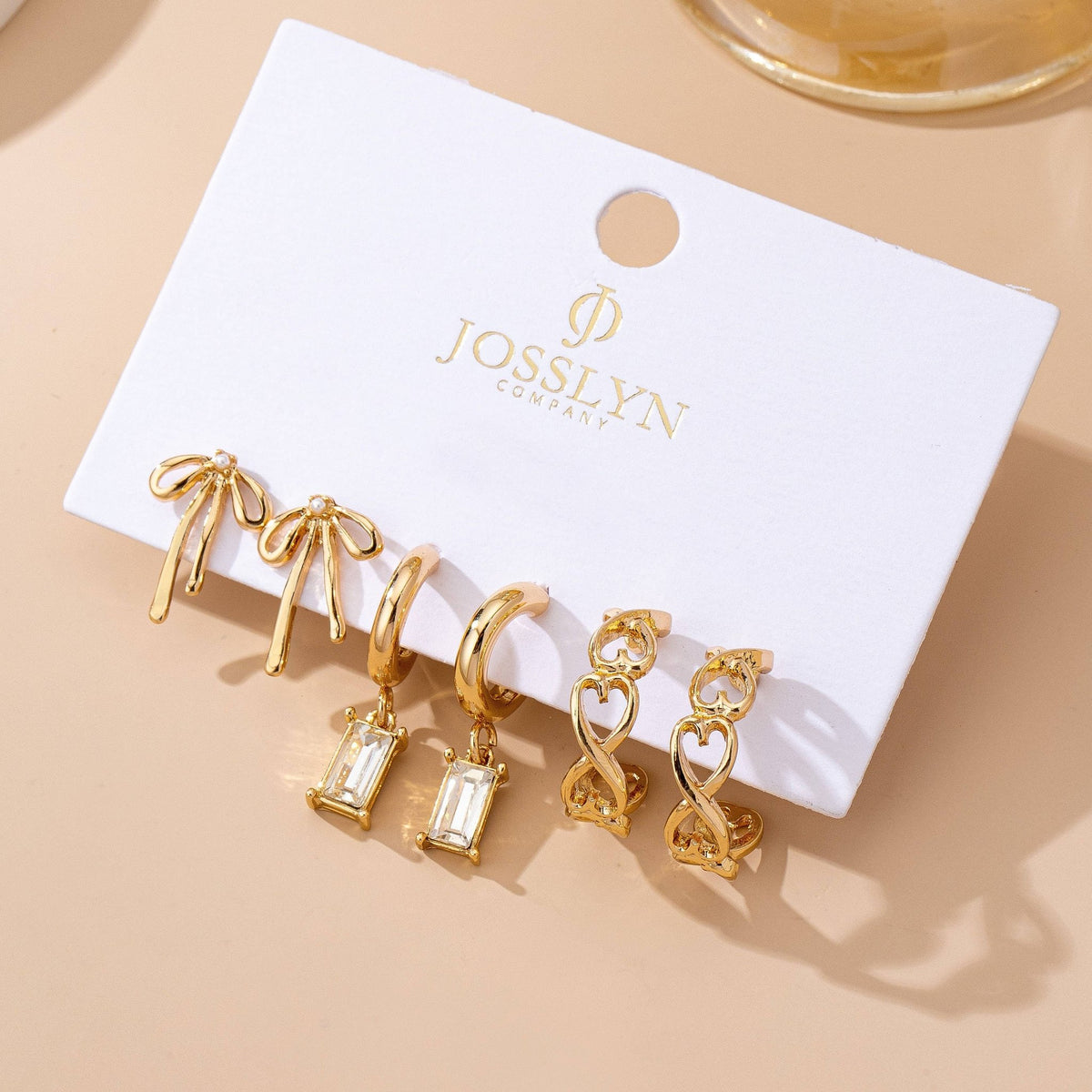 Baguette Stone Hoop, Bow Trio Earring Set- Gold - Copper & Linen