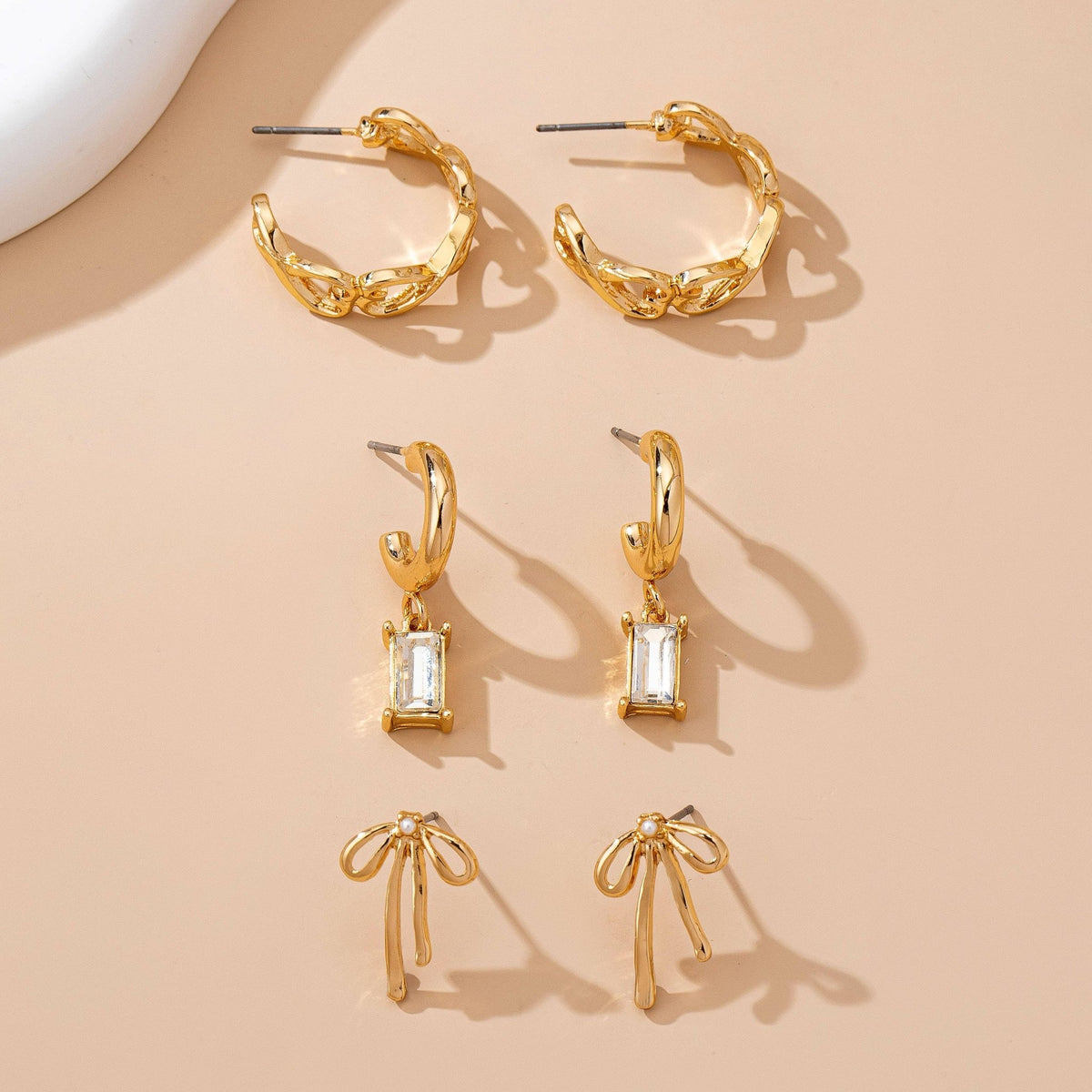 Baguette Stone Hoop, Bow Trio Earring Set- Gold - Copper & Linen