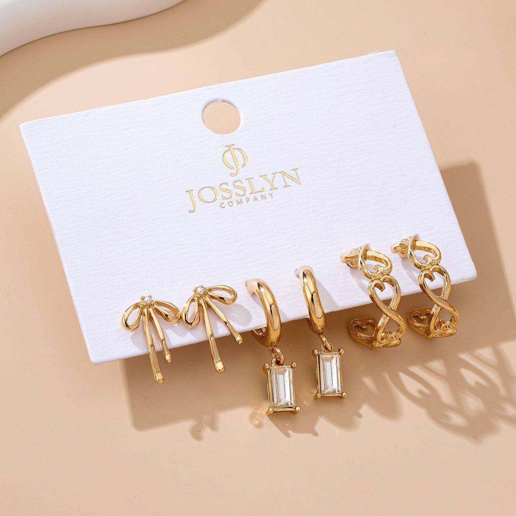 Baguette Stone Hoop, Bow Trio Earring Set- Gold - Copper & Linen