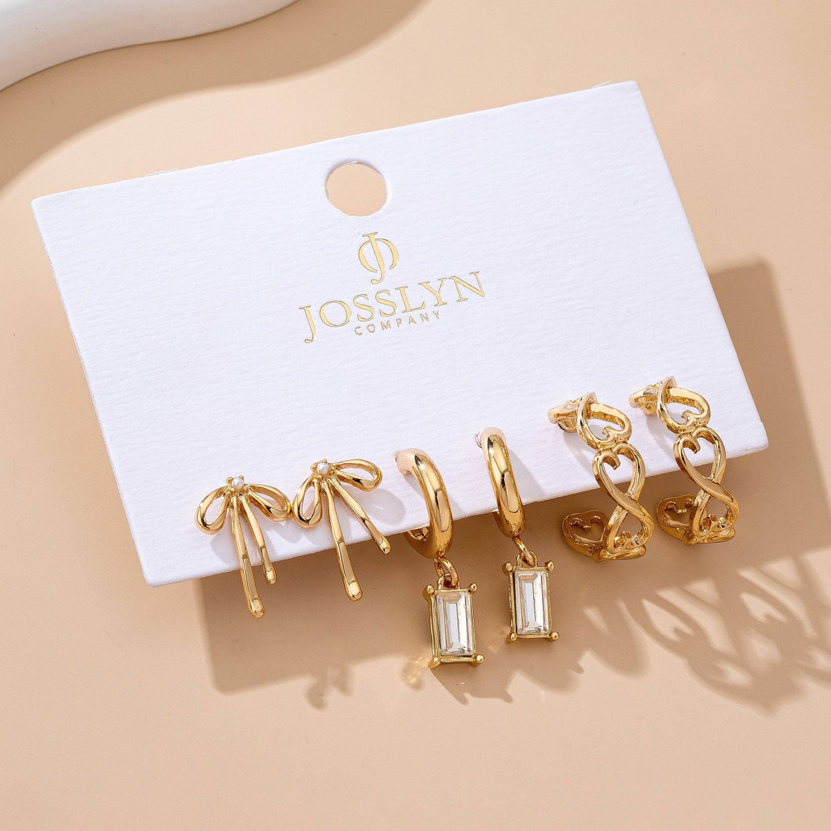Baguette Stone Hoop, Bow Trio Earring Set- Gold - Copper & Linen