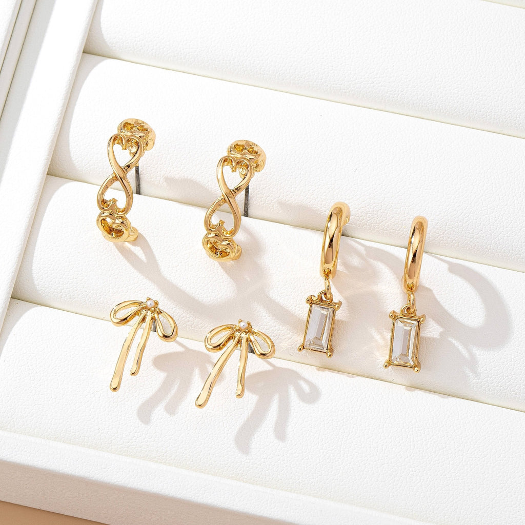 Baguette Stone Hoop, Bow Trio Earring Set- Gold - Copper & Linen