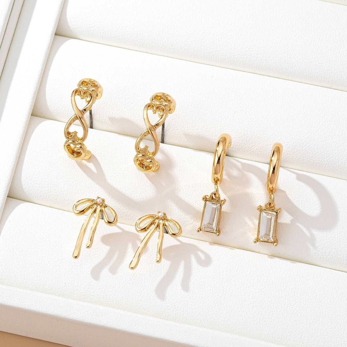 Baguette Stone Hoop, Bow Trio Earring Set- Gold - Copper & Linen