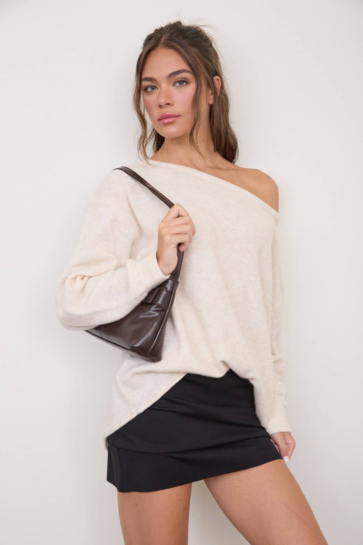 Boat Neck Oversized Knit Pullover Sweater - Copper & Linen
