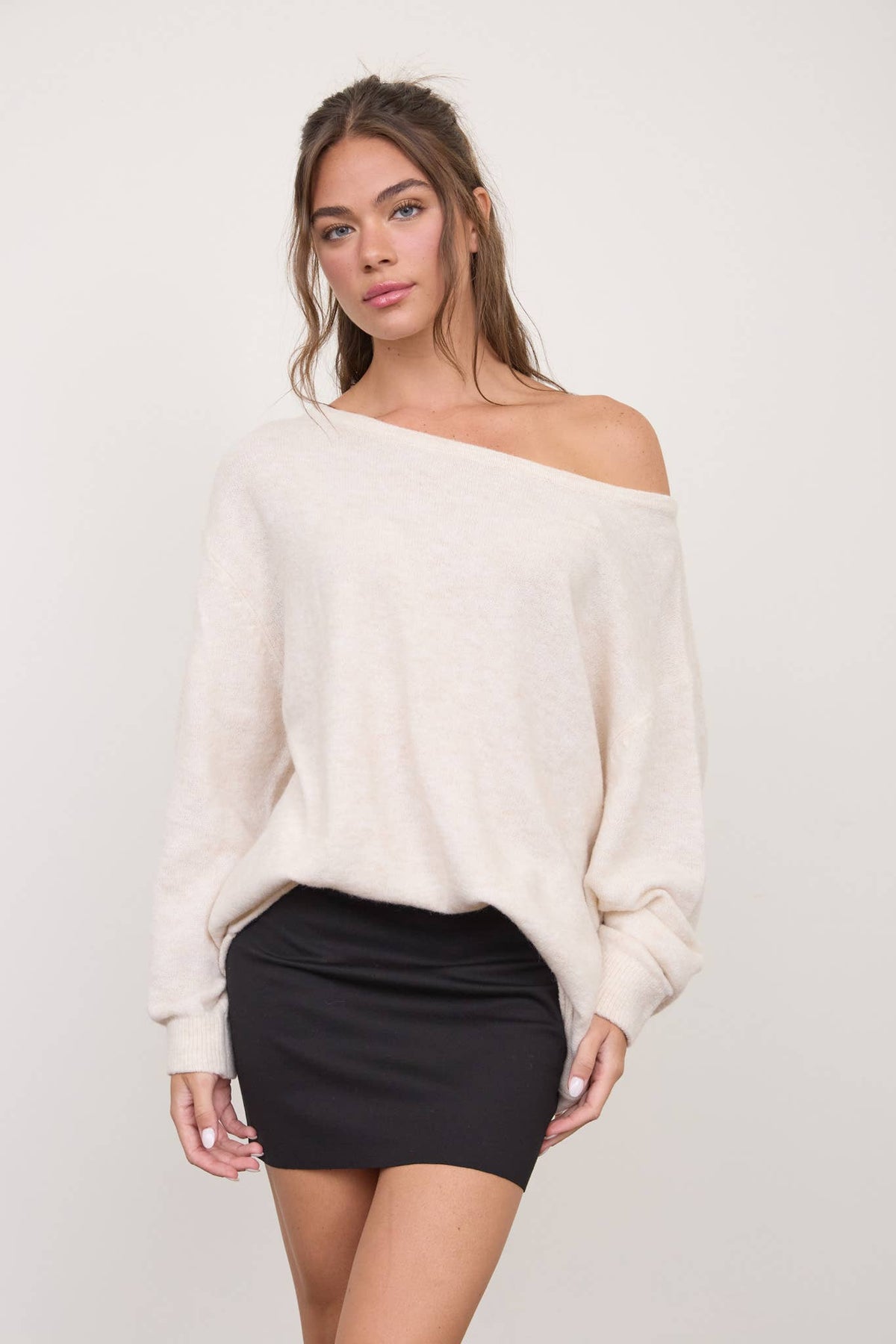 Boat Neck Oversized Knit Pullover Sweater - Copper & Linen