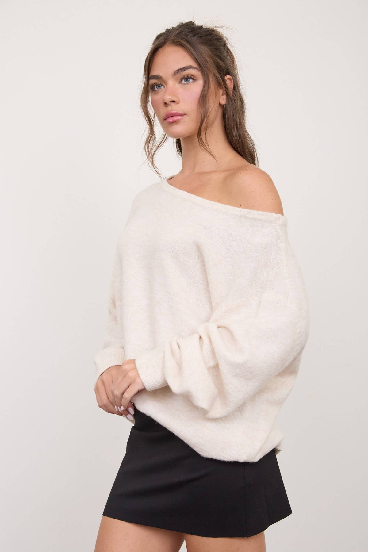 Boat Neck Oversized Knit Pullover Sweater - Copper & Linen