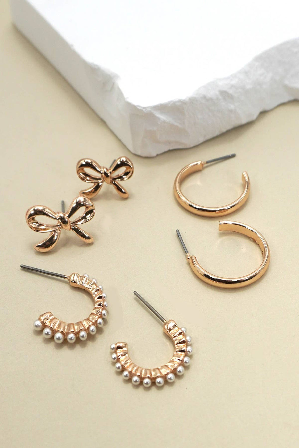 Bow Pearl Studded Gold Hoop Trio Earrings - Copper & Linen