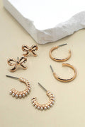 Bow Pearl Studded Gold Hoop Trio Earrings - Copper & Linen