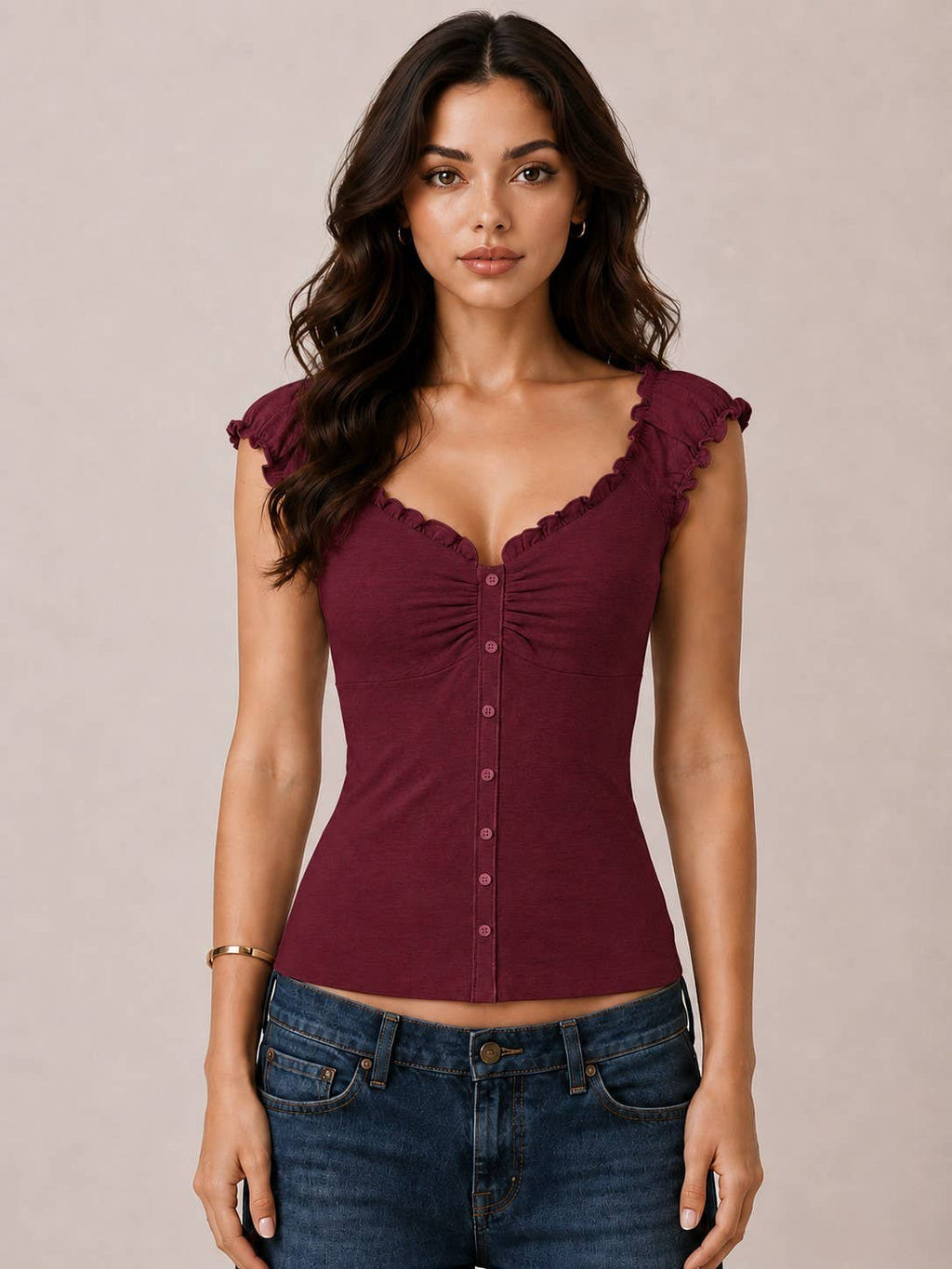 Button Down Frill Detail Tank Top - Copper & Linen