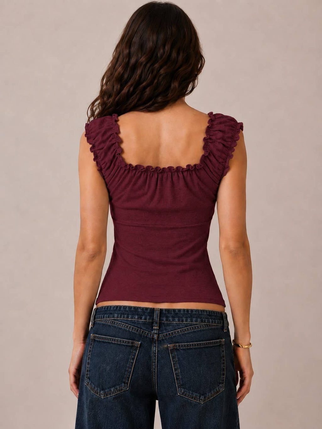 Button Down Frill Detail Tank Top - Copper & Linen