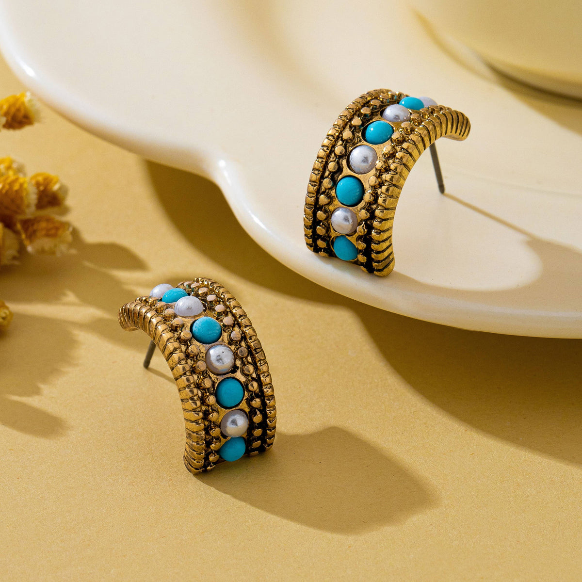 Gold-Plated Turquoise-Tone & Faux Pearl Huggie Hoop Earrings