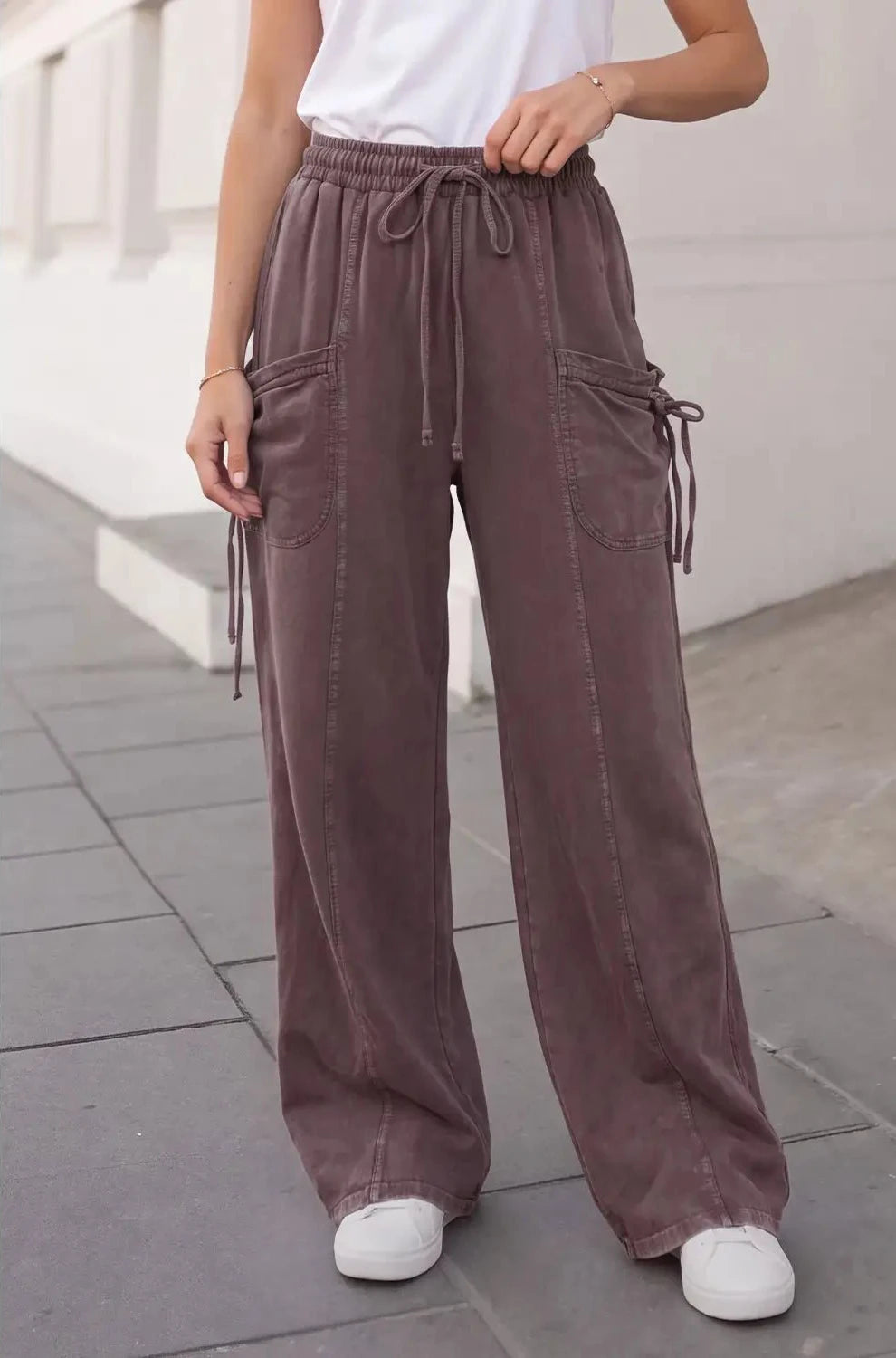 Casual Solid Drawstring Pockets Pants - Copper & Linen