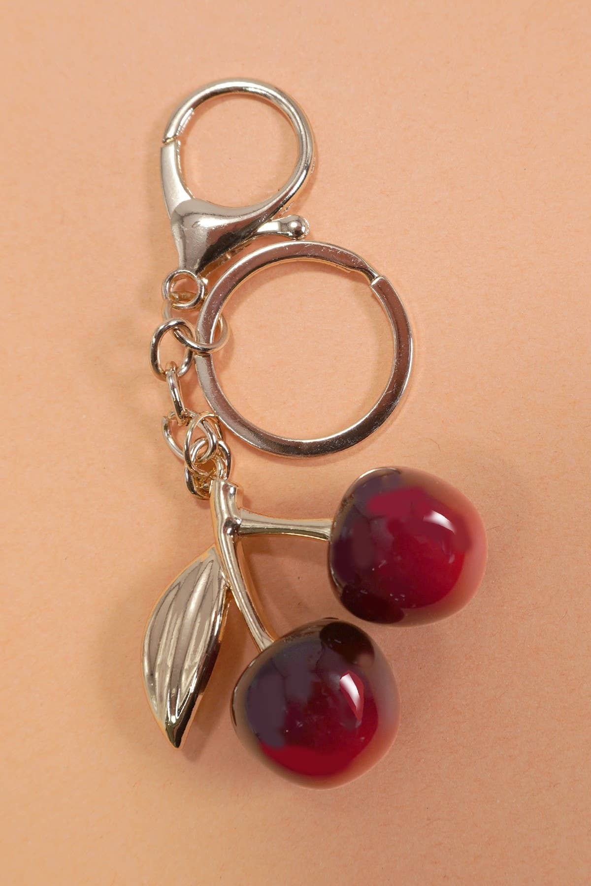 Cherry Drop With Leaf Keychain Bag Charm - Copper & Linen