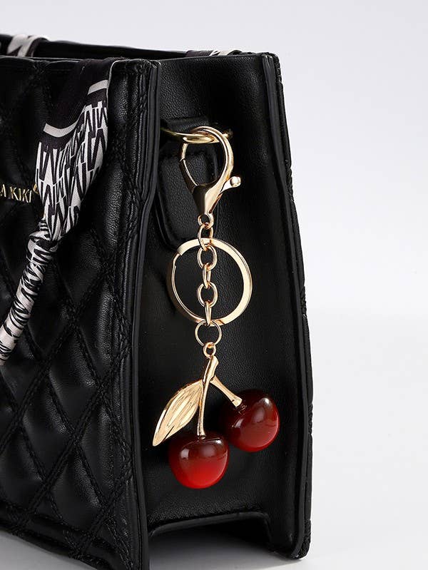 Cherry Drop With Leaf Keychain Bag Charm - Copper & Linen