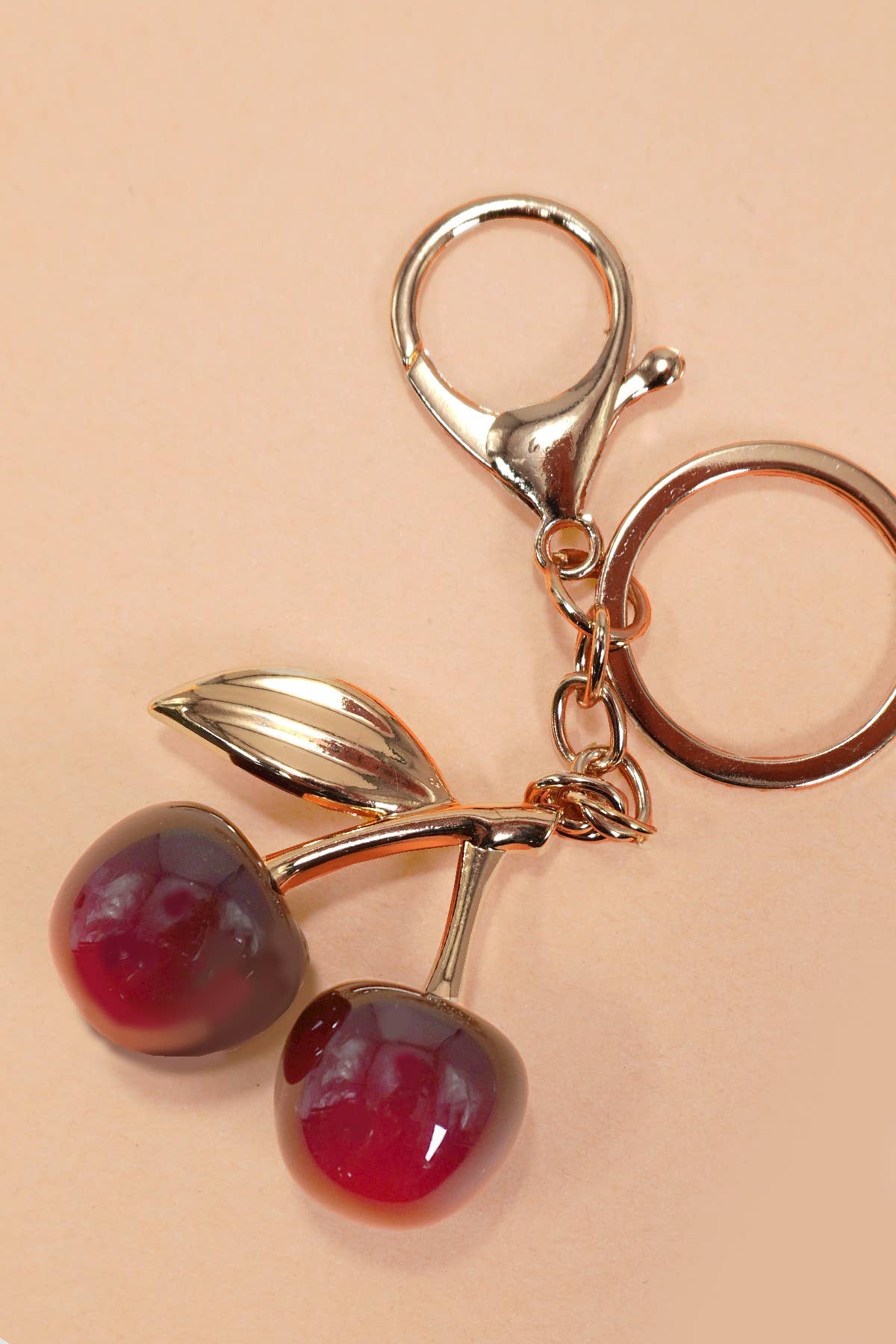 Cherry Drop With Leaf Keychain Bag Charm - Copper & Linen
