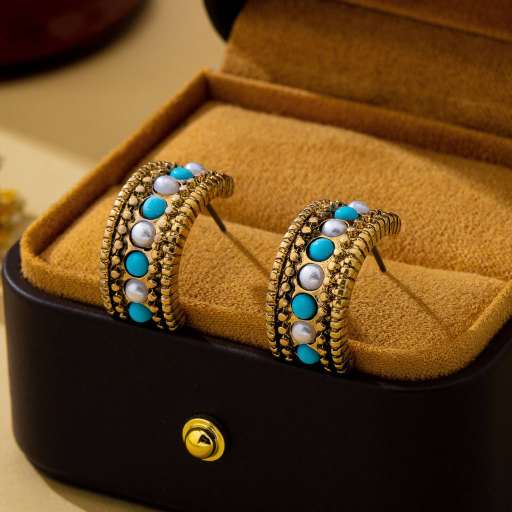 Gold-Plated Turquoise-Tone & Faux Pearl Huggie Hoop Earrings