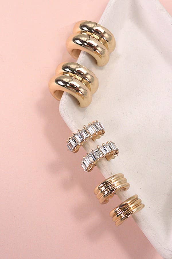 Gold-Plated Baguette Double Hoop Huggie Trio Earrings