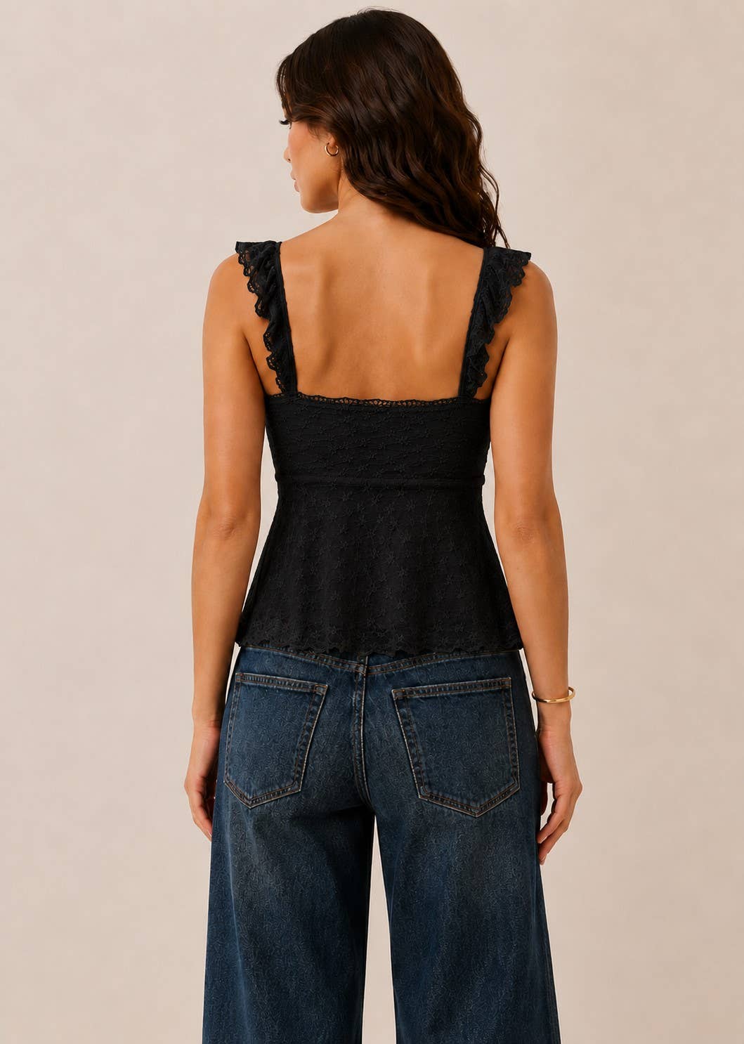 Flutter Sleeve Circle Lace Trimmed Bra Padded Top - Copper & Linen