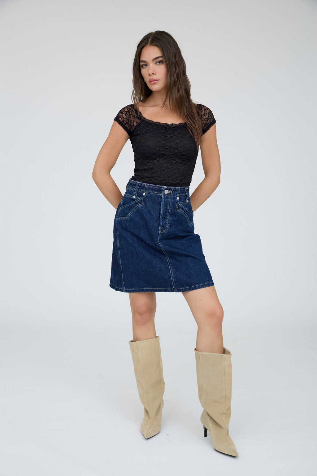 Lace Front Bow Detail Short Sleeve Knit Top - Copper & Linen