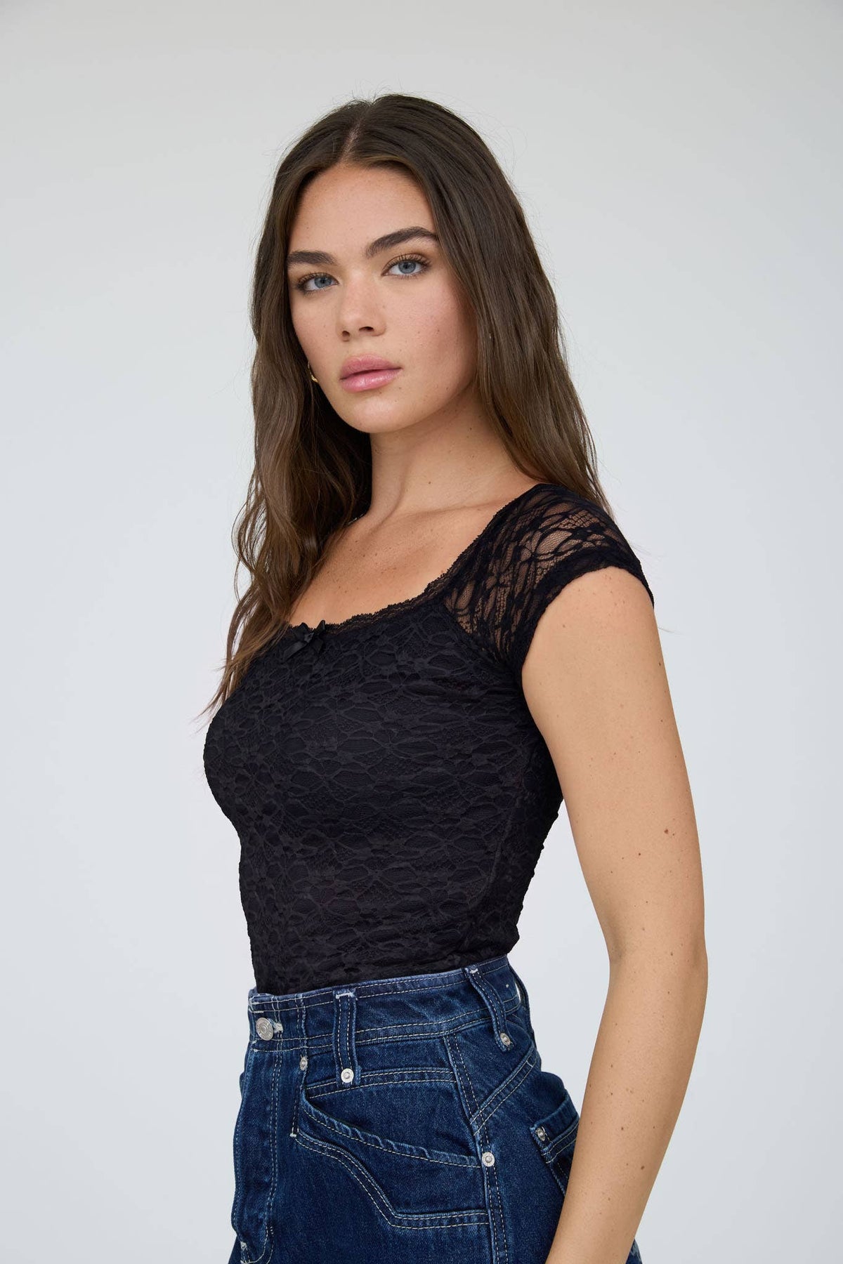 Lace Front Bow Detail Short Sleeve Knit Top - Copper & Linen
