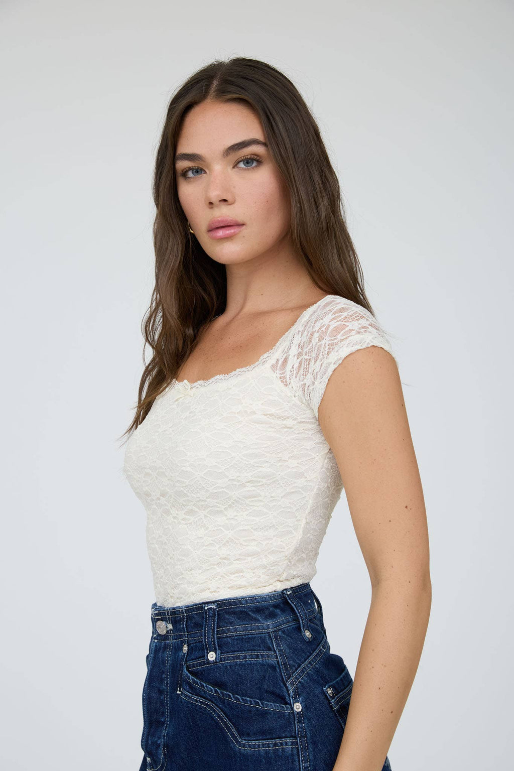Lace Front Bow Detail Short Sleeve Knit Top - Copper & Linen