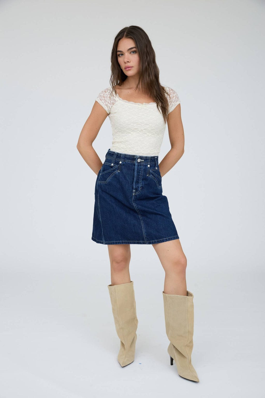 Lace Front Bow Detail Short Sleeve Knit Top - Copper & Linen
