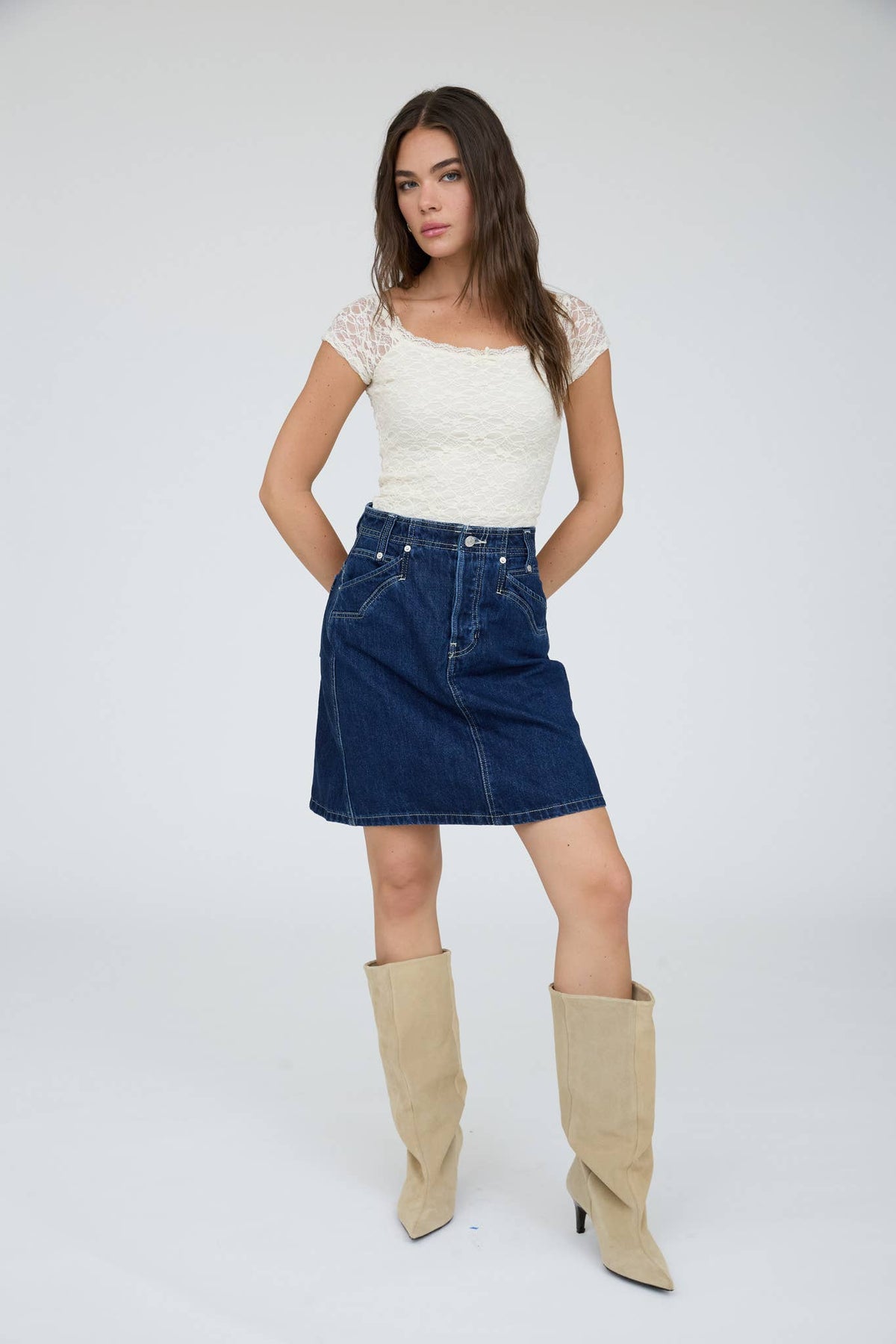 Lace Front Bow Detail Short Sleeve Knit Top - Copper & Linen