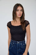 Lace Front Bow Detail Short Sleeve Knit Top - Copper & Linen