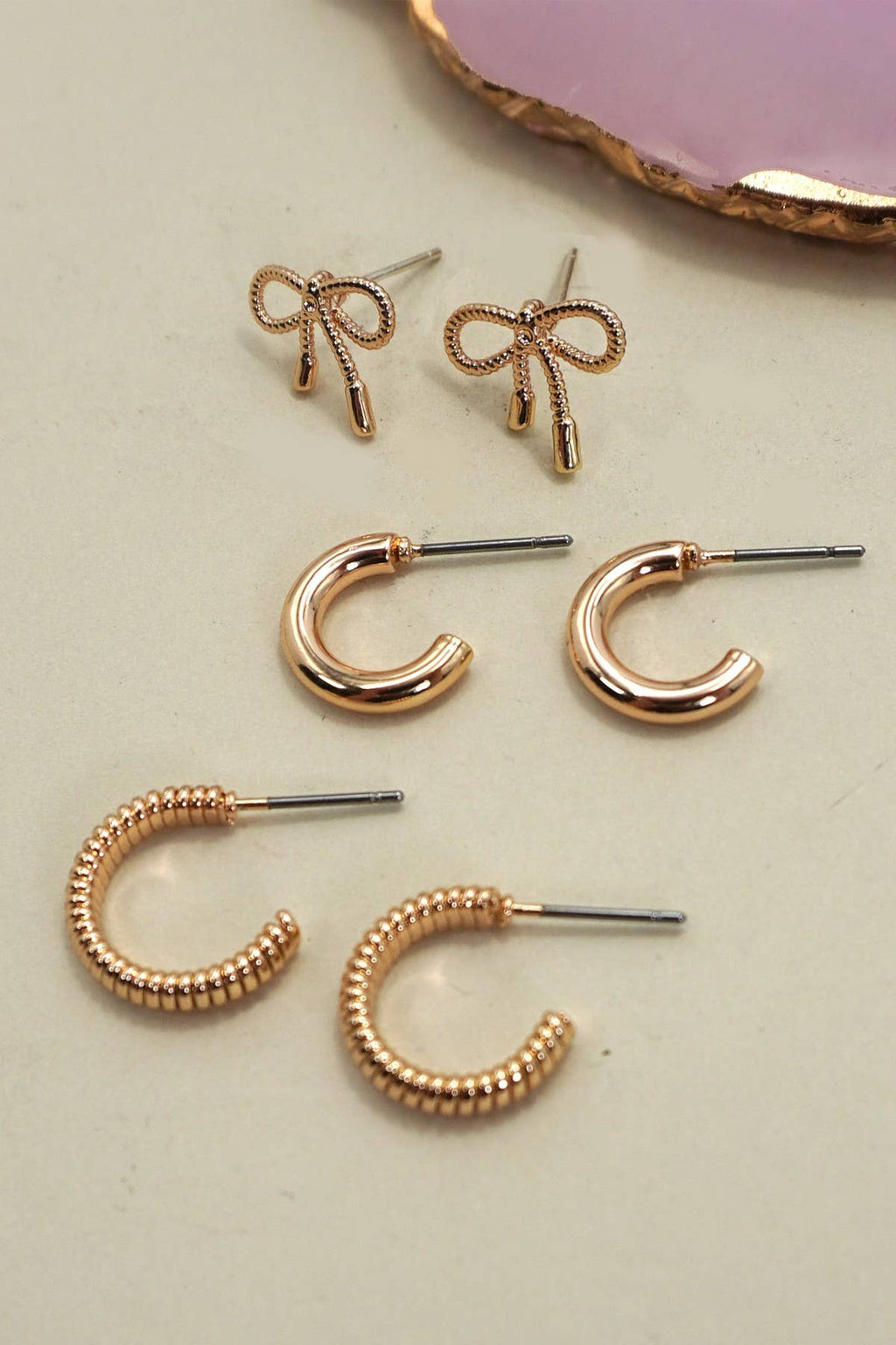 Mini Bow Huggies Hoop Trio Earrings - Copper & Linen