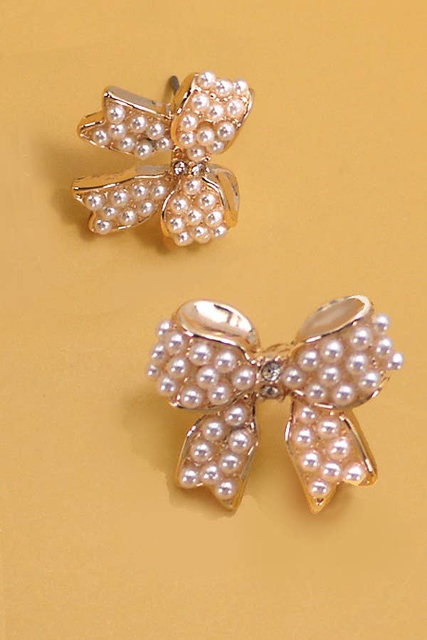 Mini Pearl Bow Ribbon Gold Earrings - Copper & Linen