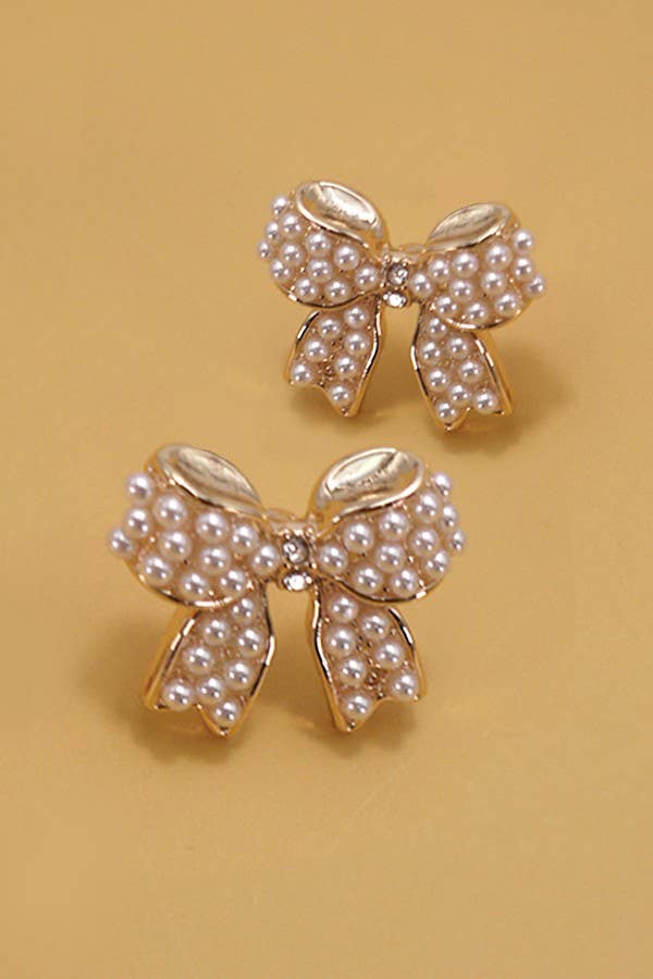 Mini Pearl Bow Ribbon Gold Earrings - Copper & Linen