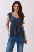 Printed Peplum Top With Tie Back Detail - Copper & Linen