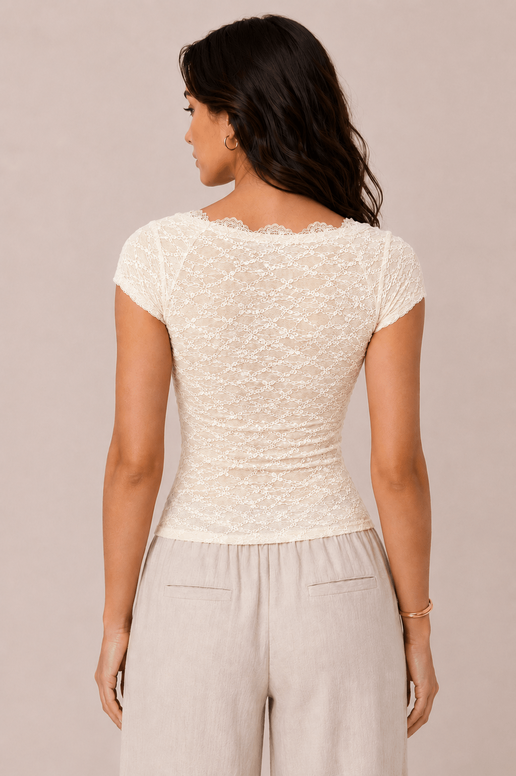 Scoop Neck Lace Trimmed Henley Top - Copper & Linen