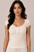 Scoop Neck Lace Trimmed Henley Top - Copper & Linen
