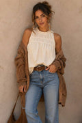 Smocked Mock Neck Sleeveless Blouse - Copper & Linen